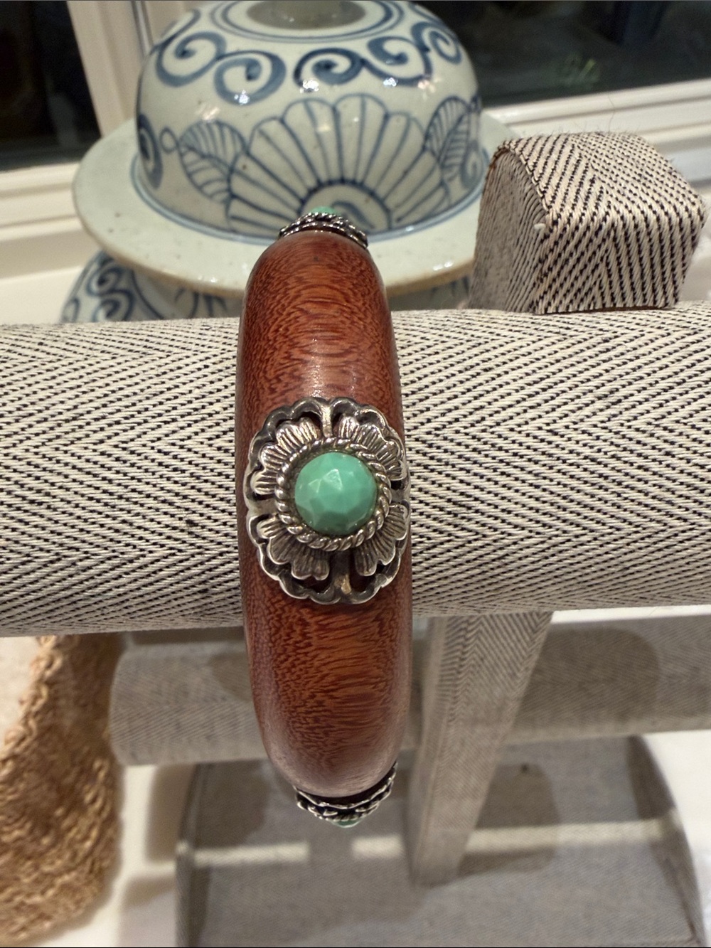 Wooden Bangle Bracelet with Turquoise Accent